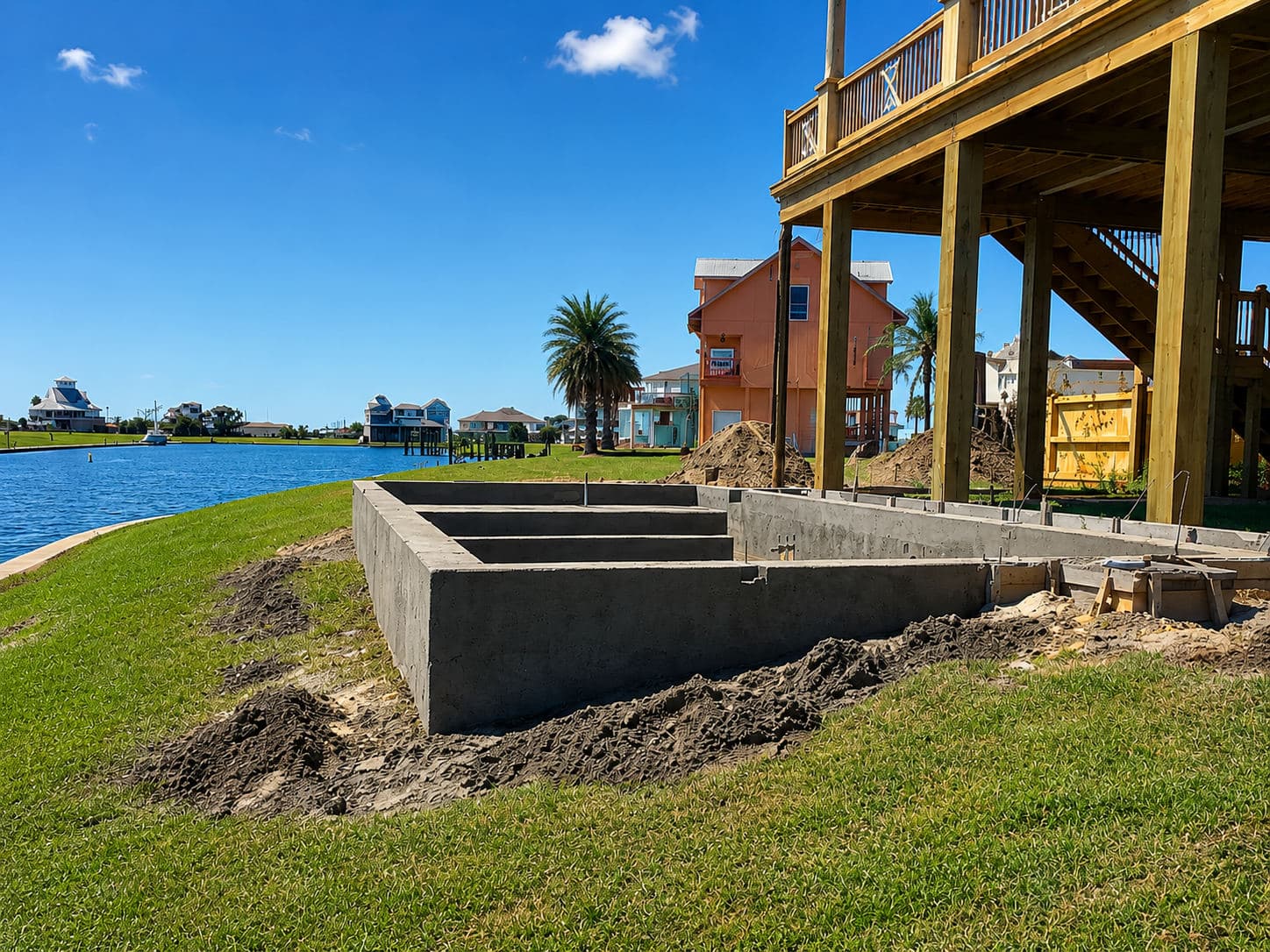 Concrete pool foundation forms at the waterfront elevated home during construction